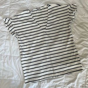 J. Crew Striped V-Neck T-shirt Size Small Flutter Short Sleeves White Navy